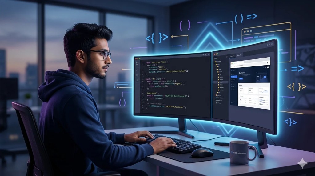 Learn Web Development - Professional developer working on HTML CSS JavaScript and Angular projects