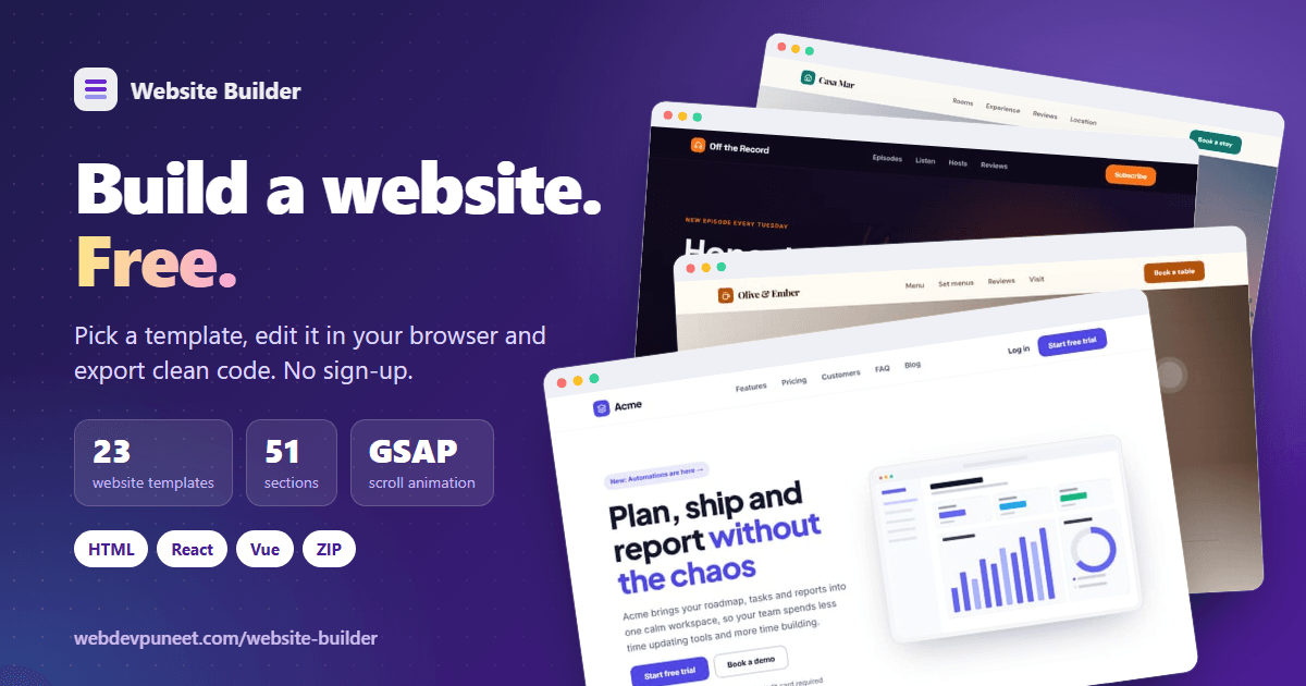 Free Website Builder: 23 Templates, Export HTML & React
