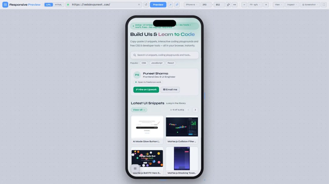 iPhone 16 frame with browser bars turned off, so the page fills the whole screen under the Dynamic Island