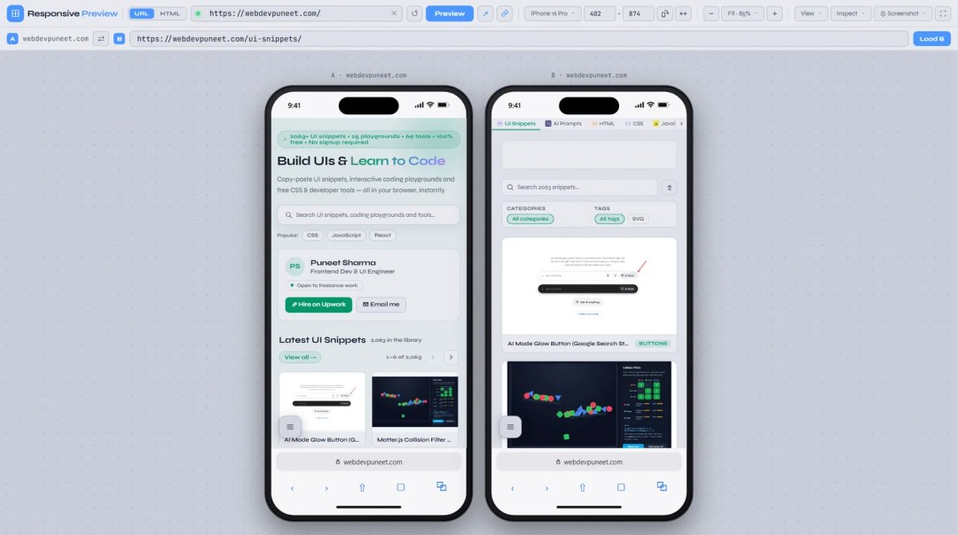 Compare mode with URL A and URL B loaded side by side in two iPhone 16 Pro frames, with a second address bar and a swap button