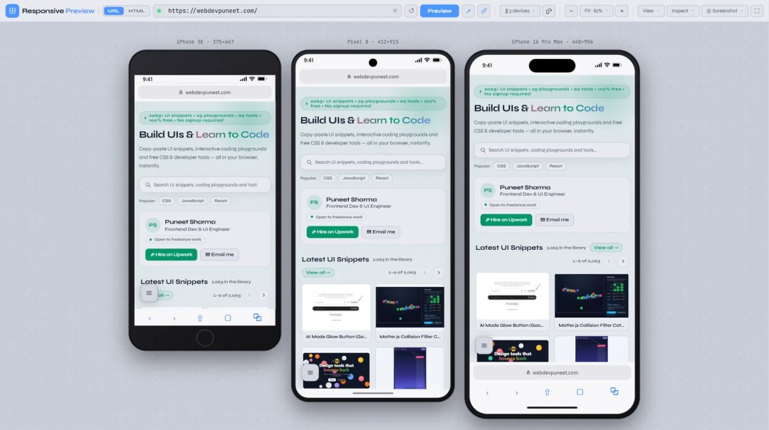 Three device frames side by side: iPhone SE with home button, Pixel 8 with punch-hole camera, iPhone 16 Pro Max with Dynamic Island, each with status bar and address bar