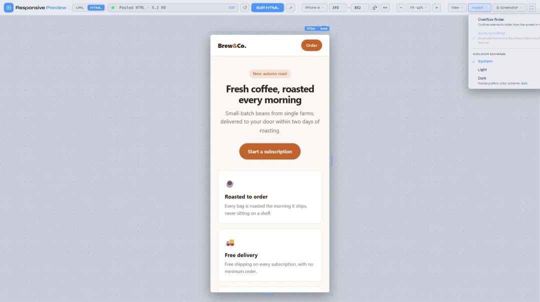 Inspect menu with Overflow finder, Sync scrolling, and System, Light and Dark color scheme options