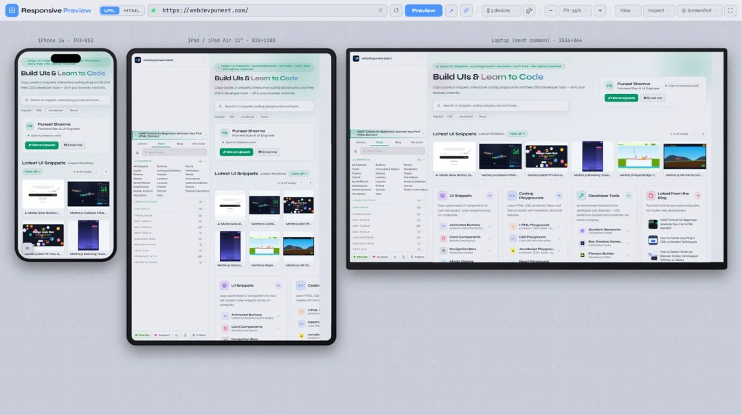Multi-device view showing the same site on iPhone 16, iPad and a 1536 pixel laptop side by side