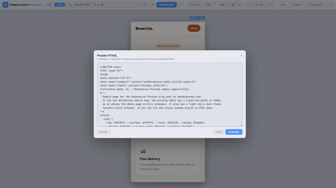 Paste HTML dialog with a full HTML document in the text area, an Open file button and a Preview button