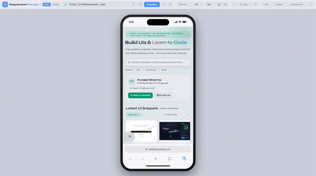 Responsive Preview tool showing webdevpuneet.com inside an iPhone 16 device frame with the Dynamic Island, status bar and Safari address bar