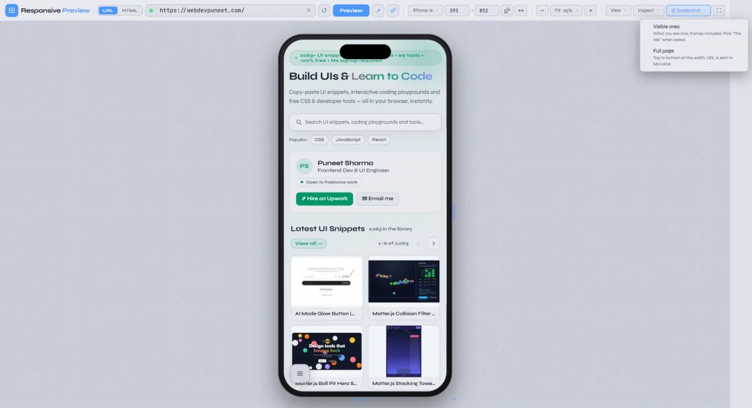 Screenshot menu open with two options: Visible area and Full page