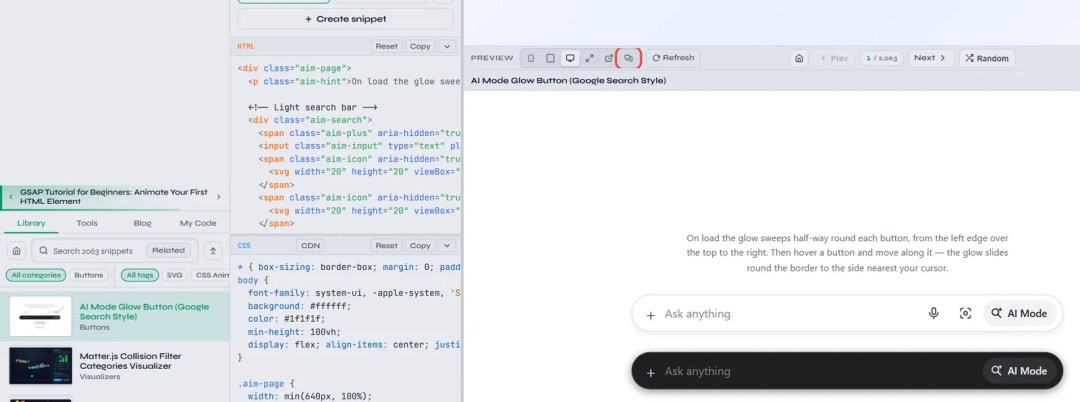 A UI snippet page on webdevpuneet.com with the Test in Responsive Preview button highlighted in the preview toolbar