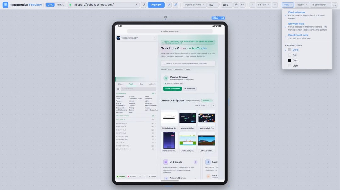 View menu with Device frame, Browser bars, Breakpoint ruler and background options Dots, Grid, Dark and Light