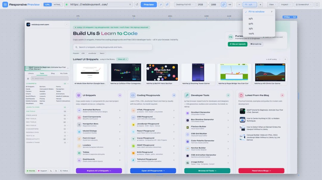 Zoom menu open with Fit to window and 25, 50, 75 and 100 percent options, previewing a 1920 by 1080 desktop