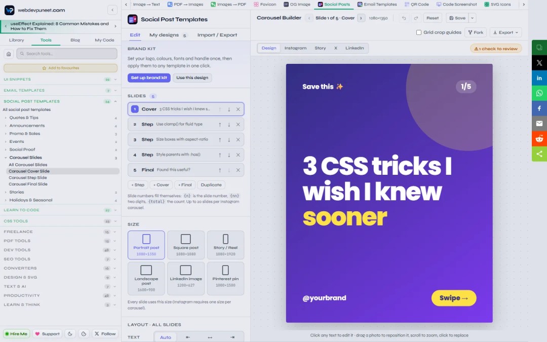 Carousel Builder with a list of cover, step and final slides and a 3 CSS tricks I wish I knew sooner cover slide