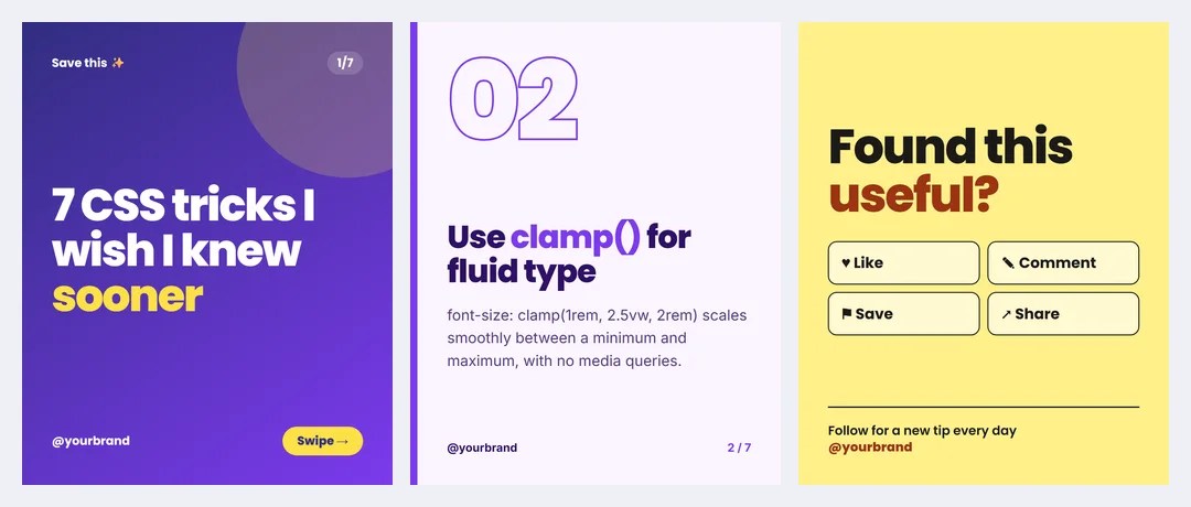 Carousel slide templates: cover slide, step slide and final slide
