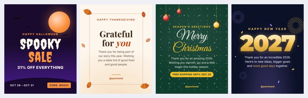 Holiday templates: Halloween Sale, Thanksgiving Thank You, Christmas Greeting and Happy New Year