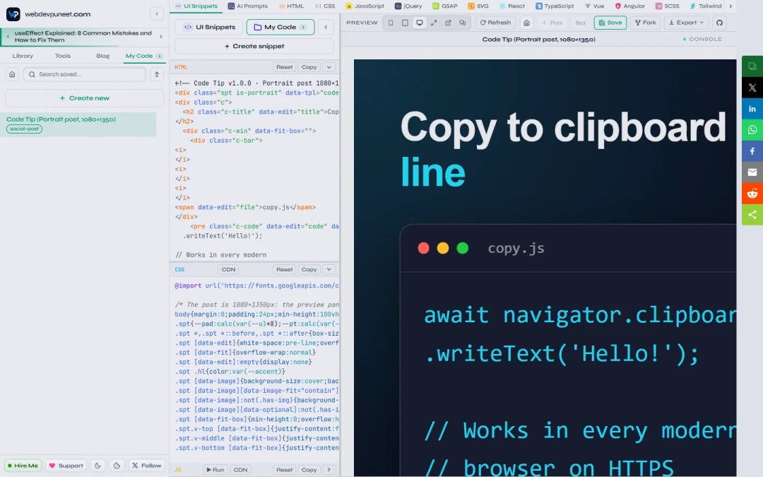 The Code Tip template forked into the My Code editor with HTML and CSS panels and a live preview