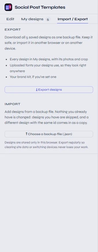 Import and Export tab with an Export designs button and a Choose a backup file button