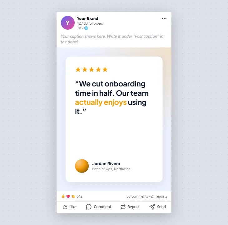 Testimonial post shown in a LinkedIn feed mock-up