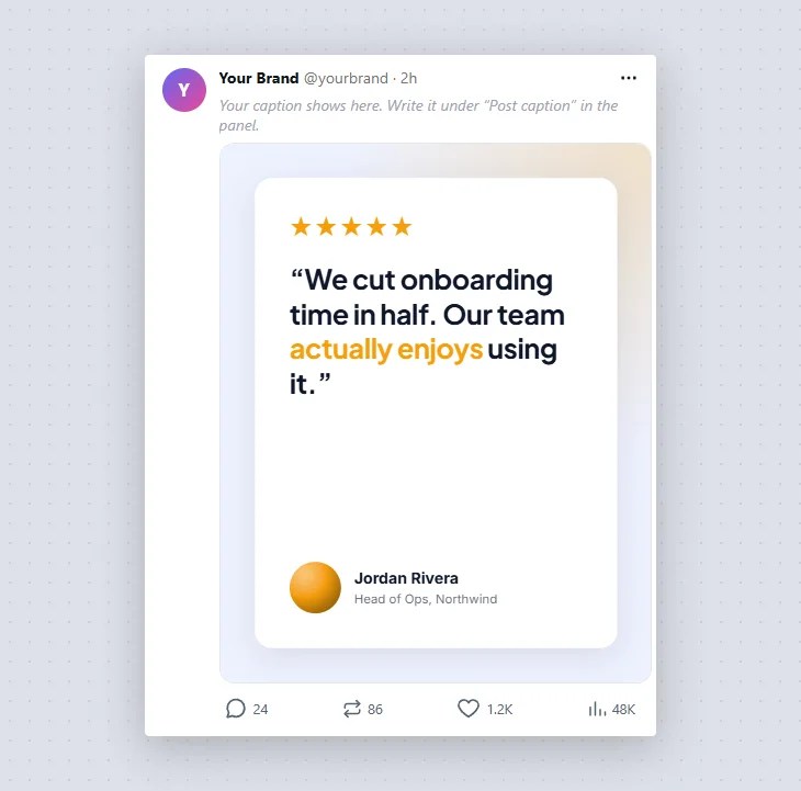 Testimonial post shown in an X (Twitter) post mock-up