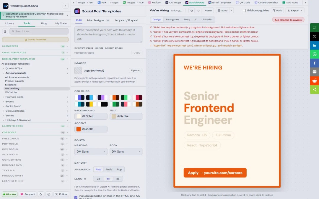 Quality checks listing low contrast warnings after the text colour of the We're Hiring template was set too light