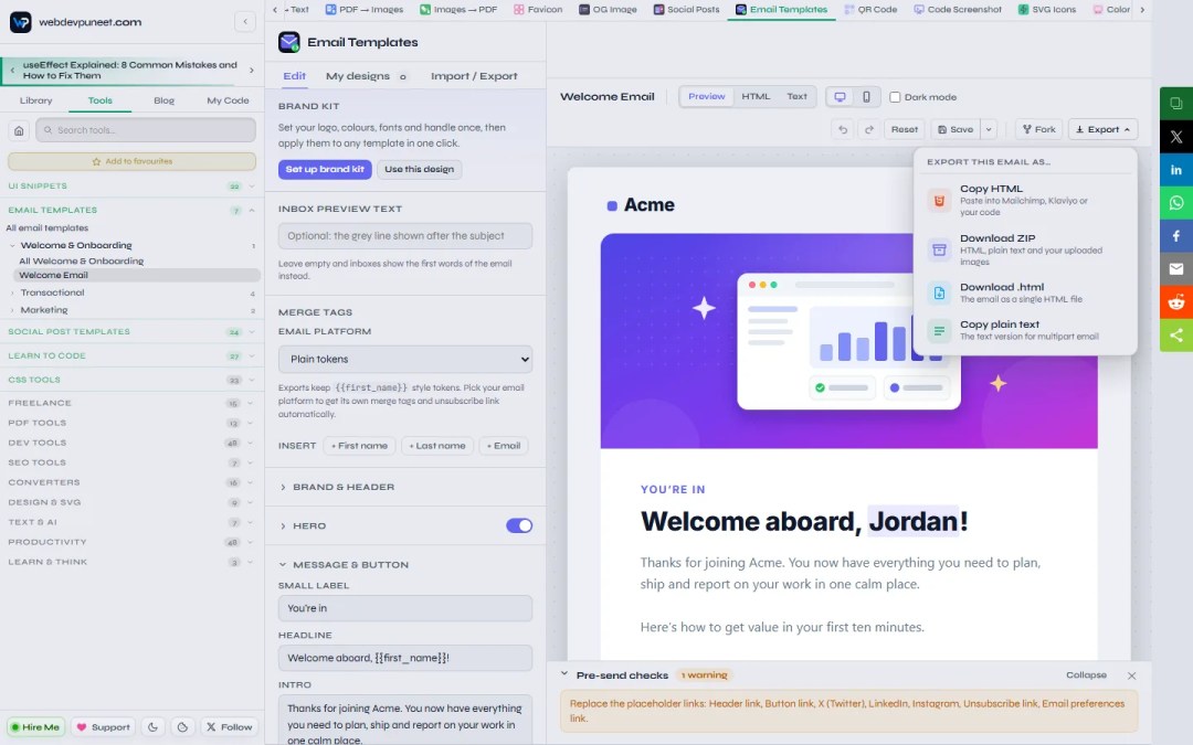 Export menu listing Copy HTML, Download ZIP, Download .html and Copy plain text