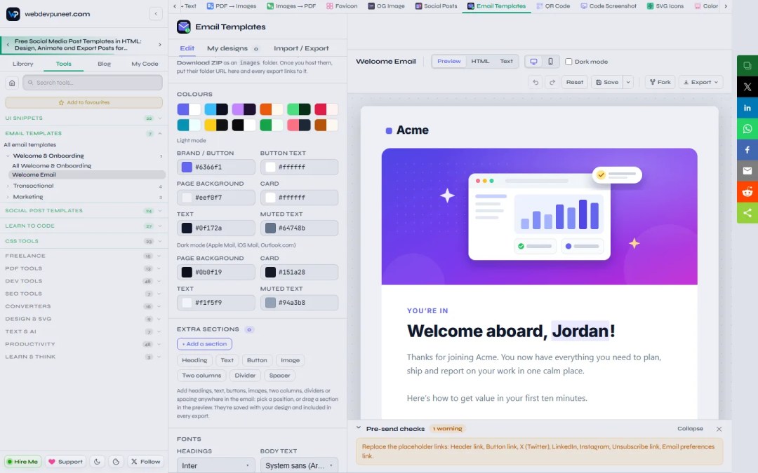 Add a section menu listing Heading, Text, Button, Image, Two columns, Divider and Spacer