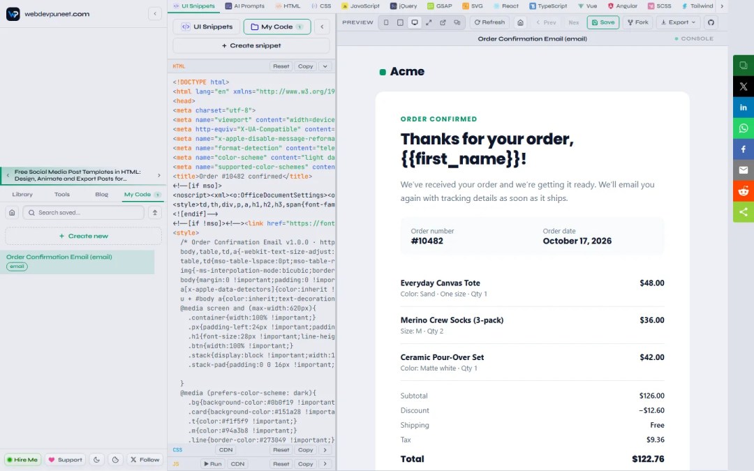 The Order Confirmation email forked into the My Code editor with the HTML panel and a live preview