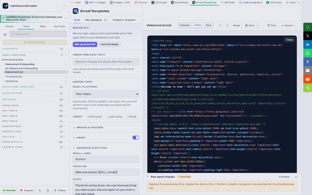 HTML tab showing the email code with syntax highlighting, tables, inline styles and the Outlook VML button
