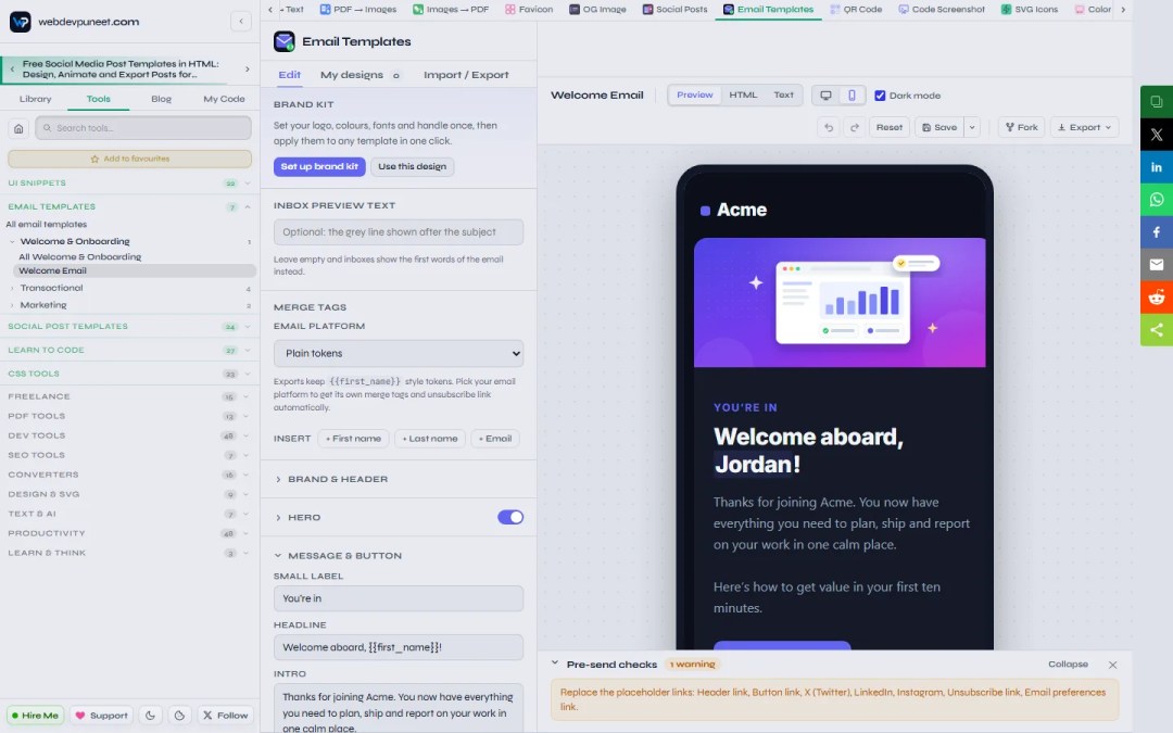 The Welcome Email in the mobile preview with dark mode turned on: dark card, light text and the purple button
