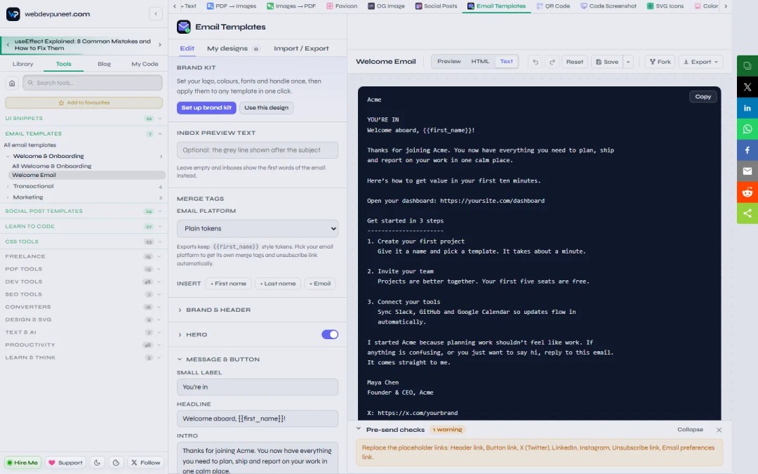 Text tab showing the plain-text version of the Welcome Email