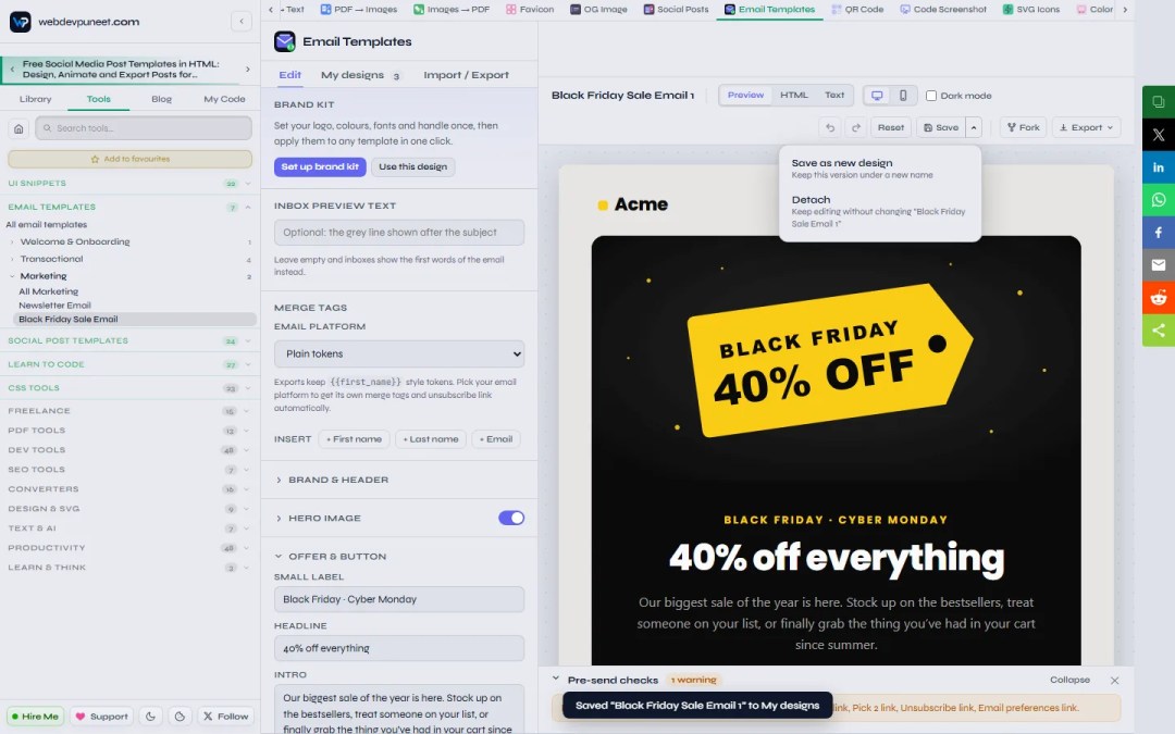 Save menu open with Save as new design and Detach options after saving the Black Friday Sale email