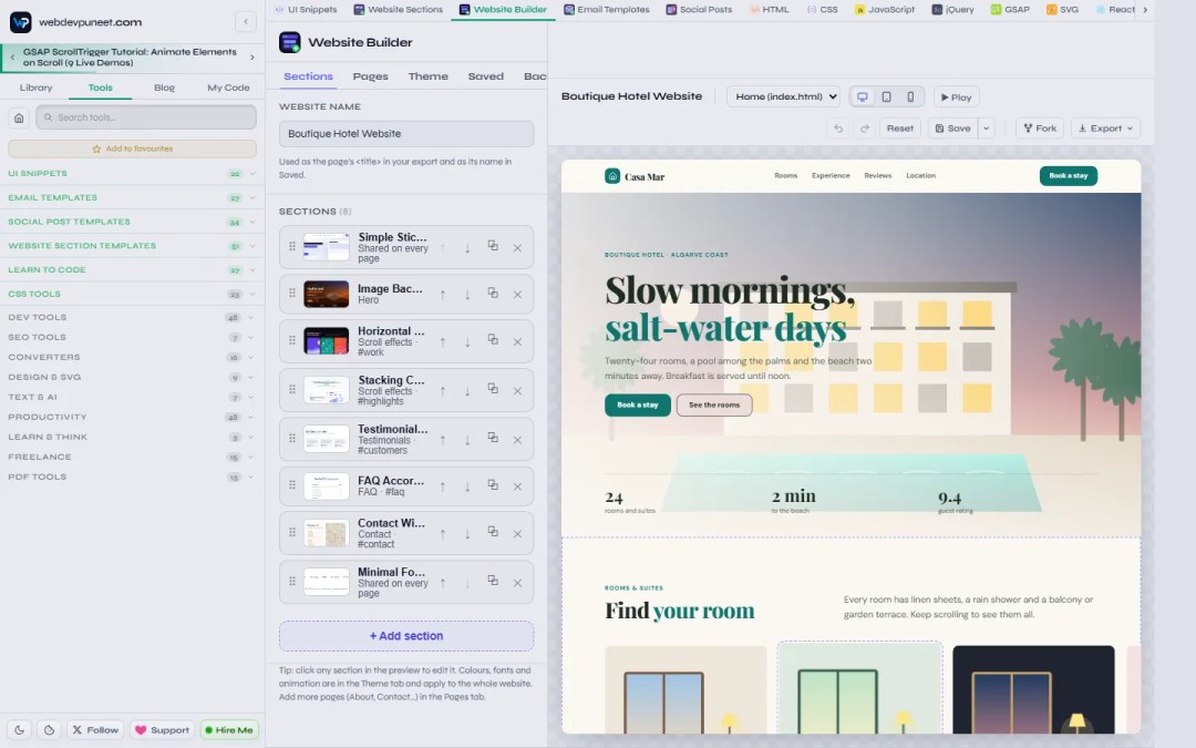Website Builder editor with the Boutique Hotel website template open: the list of sections on the left, a live preview of the website in the middle and Save, Fork and Export buttons in the toolbar