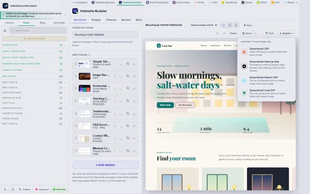 Export menu of the Website Builder: Download ZIP, Download Next.js site, Download React ZIP and Download Vue ZIP