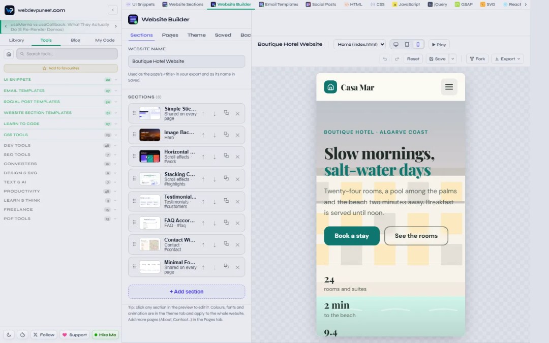 The hotel website template in the Website Builder's mobile preview with a hamburger menu button
