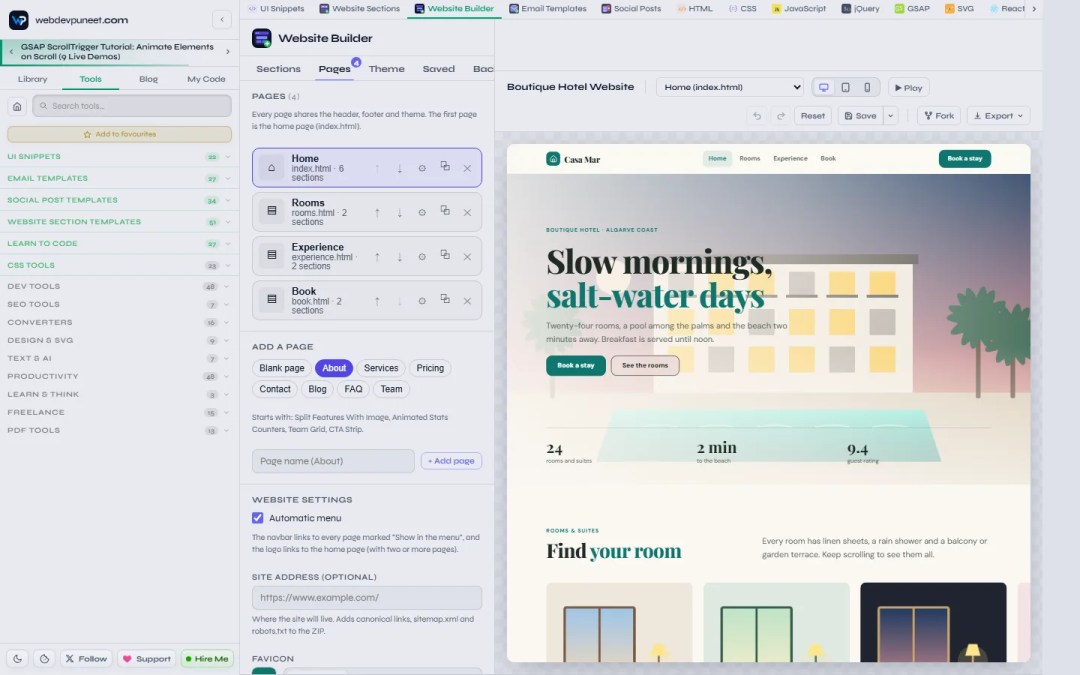 Pages tab of the Website Builder with four pages (Home, Rooms, Experience, Book), ready-made page layouts to add (About, Services, Pricing, Contact, Blog, FAQ, Team) and website settings