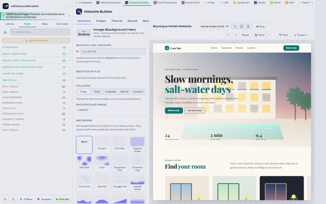 A hero section open in the Website Builder panel with its section link, section style colours, background image and artwork options