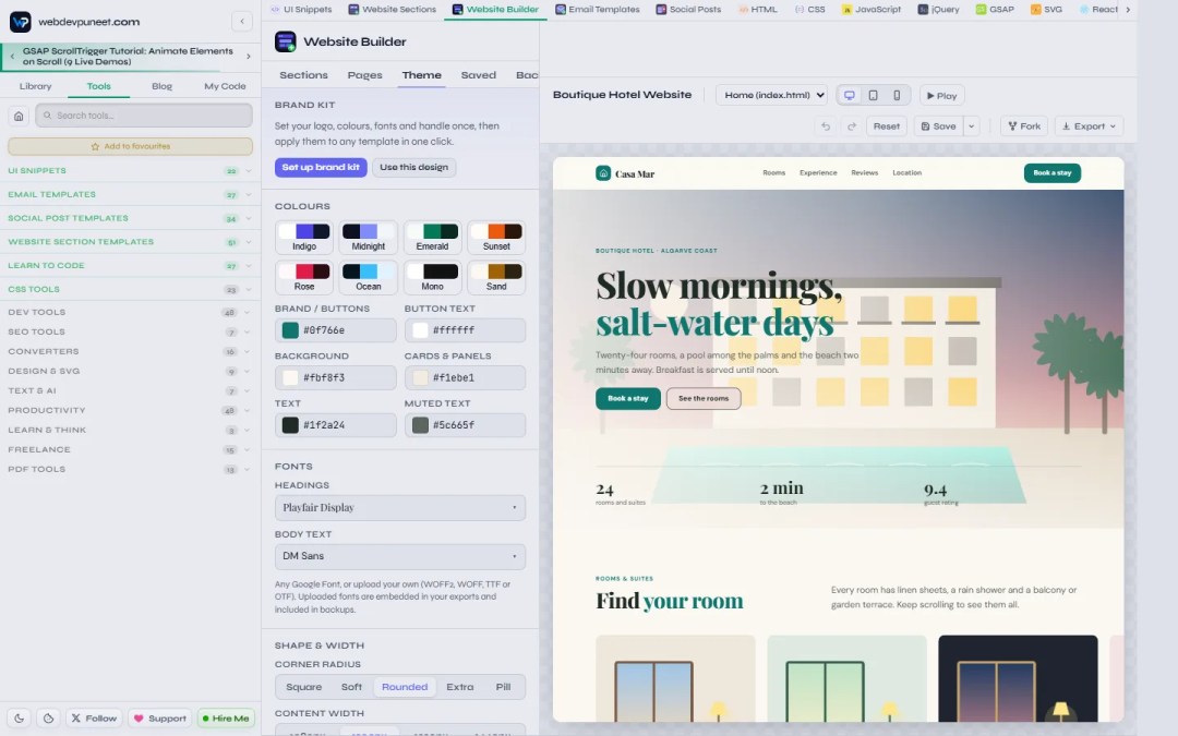 Theme tab of the Website Builder with eight colour presets, brand, button, background, card, text and muted colours, heading and body fonts, corner radius and content width