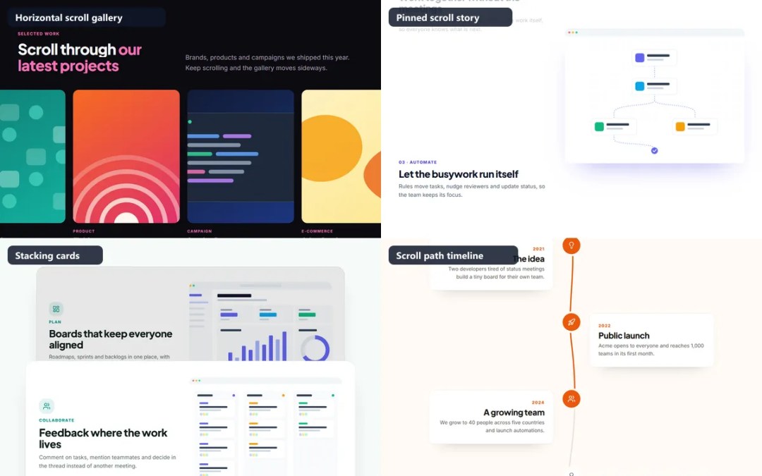 The four GSAP scroll effect sections caught mid-animation: a horizontal scroll gallery, a pinned scroll story, stacking cards and a scroll path timeline