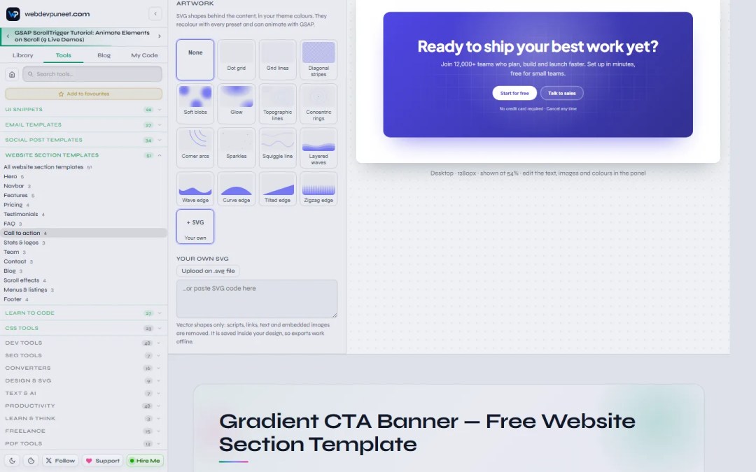 Artwork panel with fifteen SVG artworks and a Your own option to upload or paste an SVG file