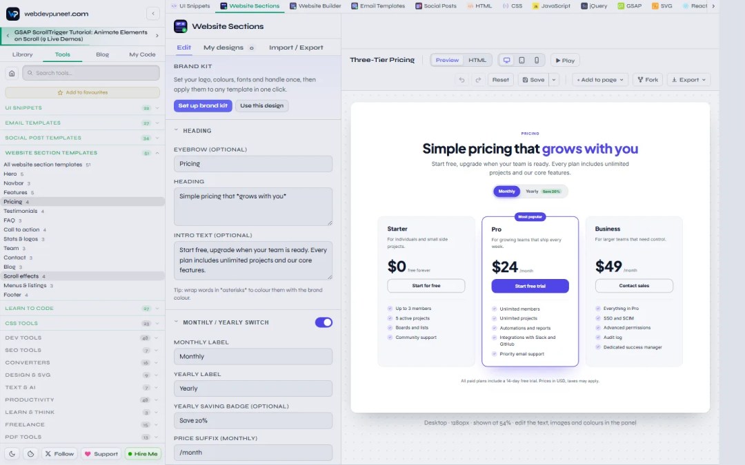 Website Sections editor with the Three-Tier Pricing section open: heading and billing switch fields on the left and a live pricing table preview on the right