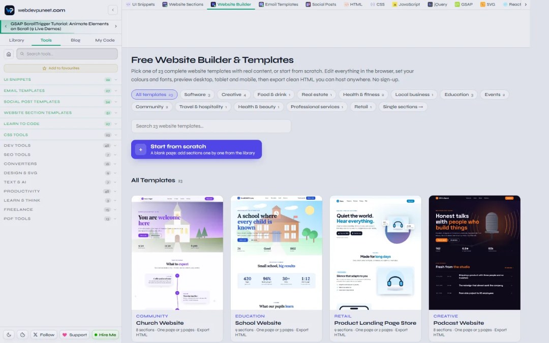 Free Website Builder and Templates gallery: industry filters, a search box, a Start from scratch button and cards for the Church, School, Product Landing Page Store and Podcast website templates