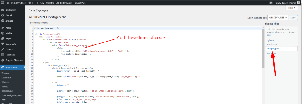 Add code in category_php file