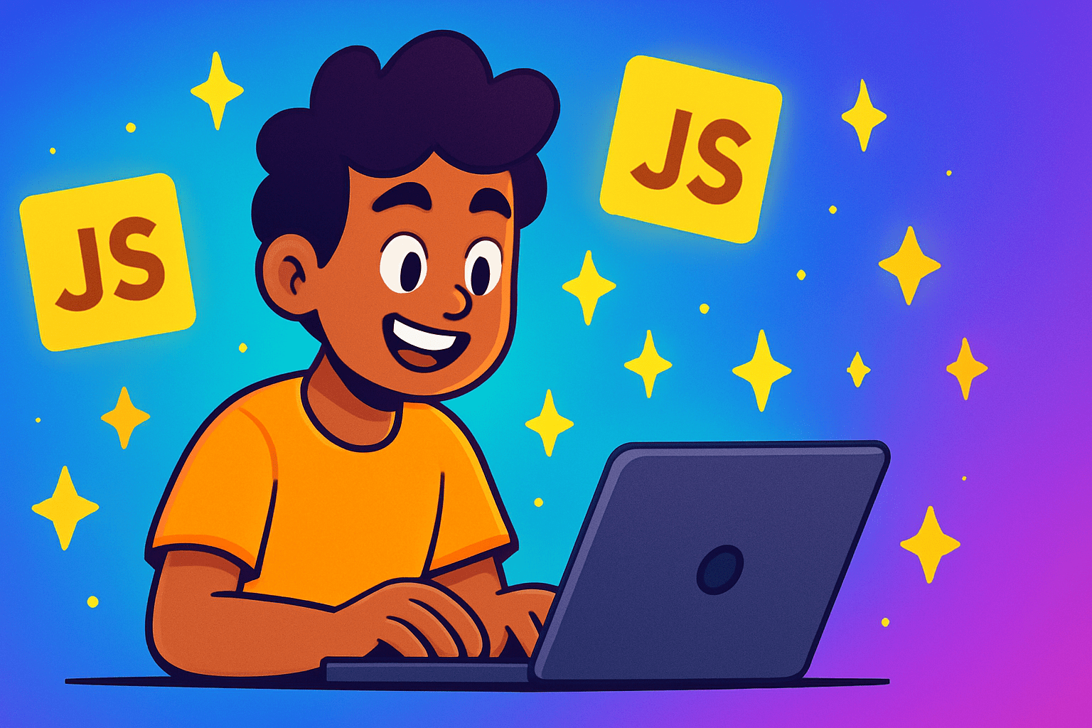 JavaScript Magic: Stunning Beginner Hacks in 2025 🚀 6 A person happily learning JavaScript beginner hacks in 2025.