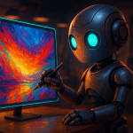 Robot artist using a free AI image generator to create digital art.2