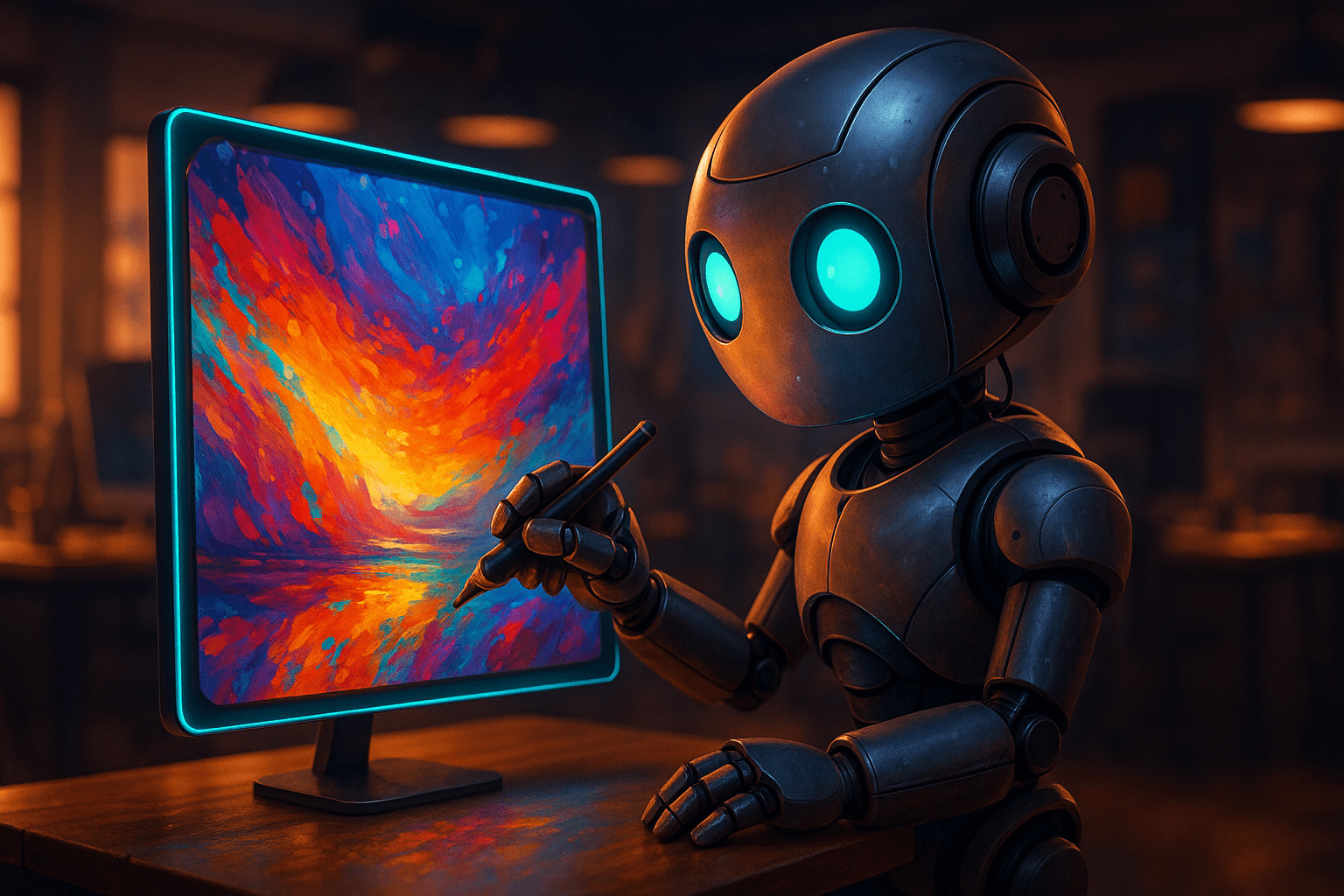 Robot artist using a free AI image generator to create digital art.2