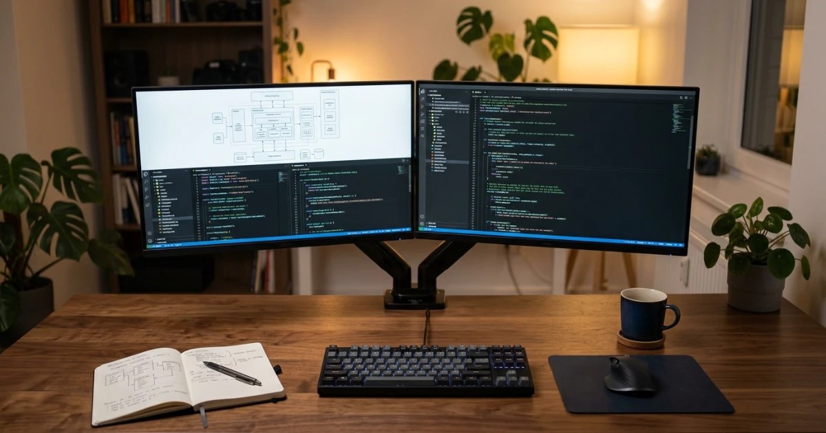 The Complete eCommerce Website Roadmap: Frontend & Backend 1 A developer workstation showing full-stack eCommerce website roadmap architectural diagrams and code.