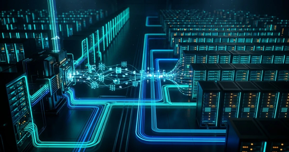 A high-tech cloud data center visualization representing successful AI production deployment across scalable GPU server clusters.