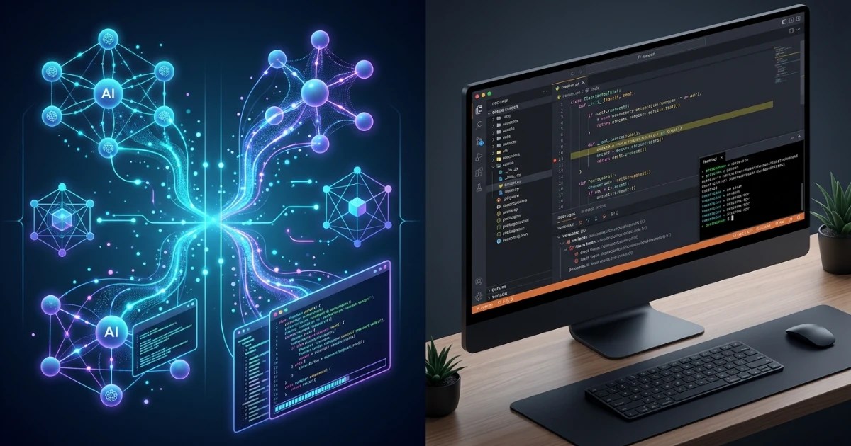 Conceptual split screen comparison of autonomous AI coding agents and traditional IDE interface architectures