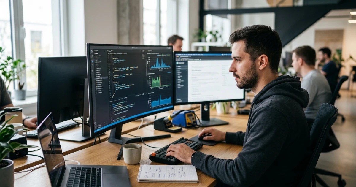 Mastering the Fetch API in 2026: Timeouts and Streams 1 Developer workspace showcasing modern JavaScript Fetch API streaming code and real-time network streams