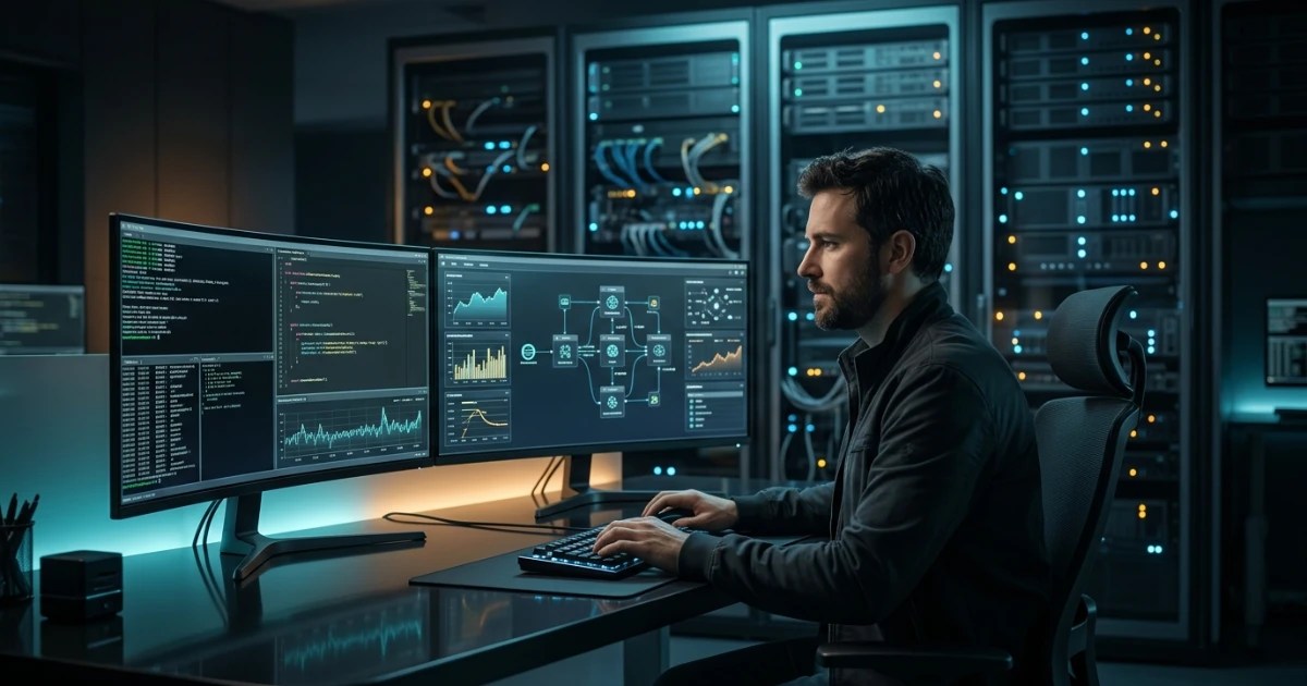 Futuristic developer workstation illustrating local AI Agent Workflows running on modern hardware.