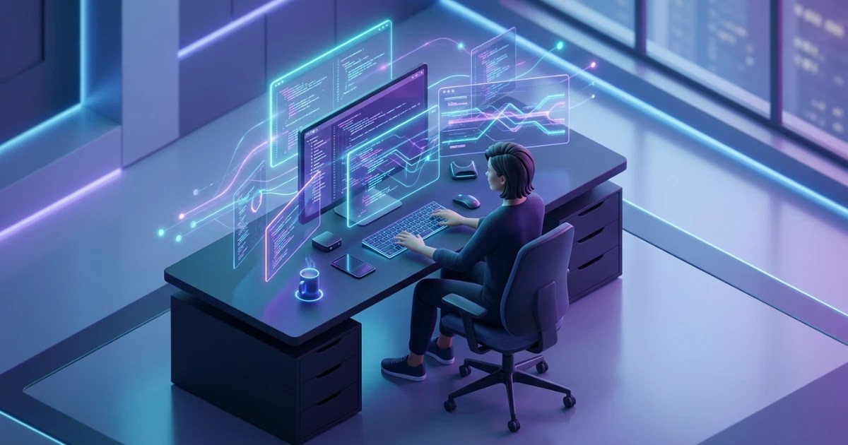 PHP 8.5 Features: The Complete Guide for Modern Developers 4 Futuristic developer workstation visualizing modern PHP 8.5 features and code pipeline optimizations.