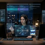 Modern developer collaborating with AI coding agents in 2026 across multi-screen architectural dashboards.