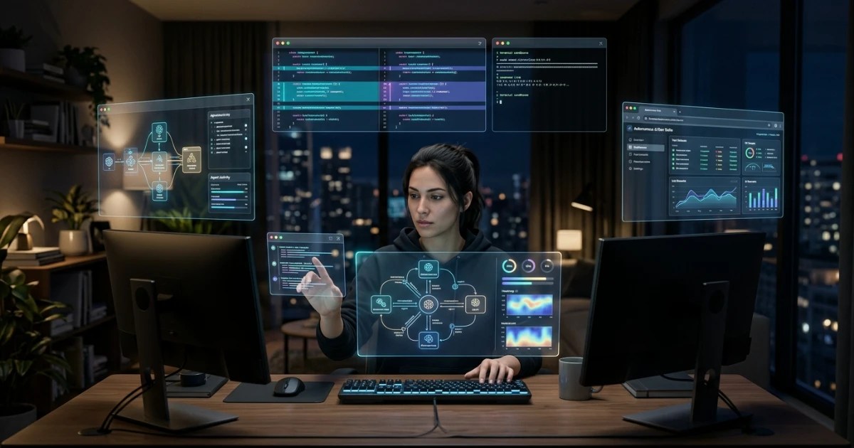 Modern developer collaborating with AI coding agents in 2026 across multi-screen architectural dashboards.